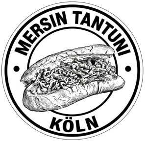 Schwarz-weißes Logo mit einem mit Aufschnitt belegten Sandwich in der Mitte. Oben steht der Schriftzug "MERSIN TANTUNI" und unten "KÖLN", alles umrahmt von einem kreisförmigen Rahmen.